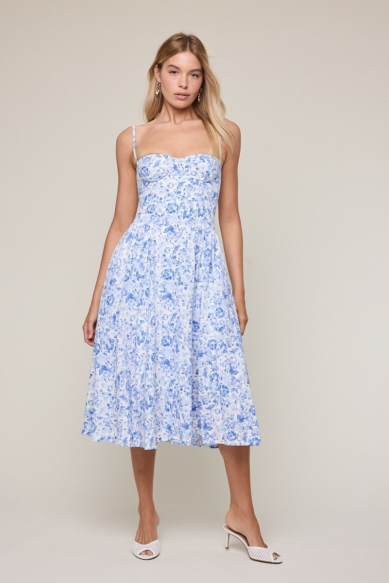 Elegant Summer Strap White Blue Floral Print V-Neck Corset Ruffle Midi Dress