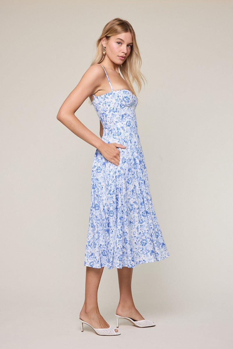 Elegant Summer Strap White Blue Floral Print V-Neck Corset Ruffle Midi Dress