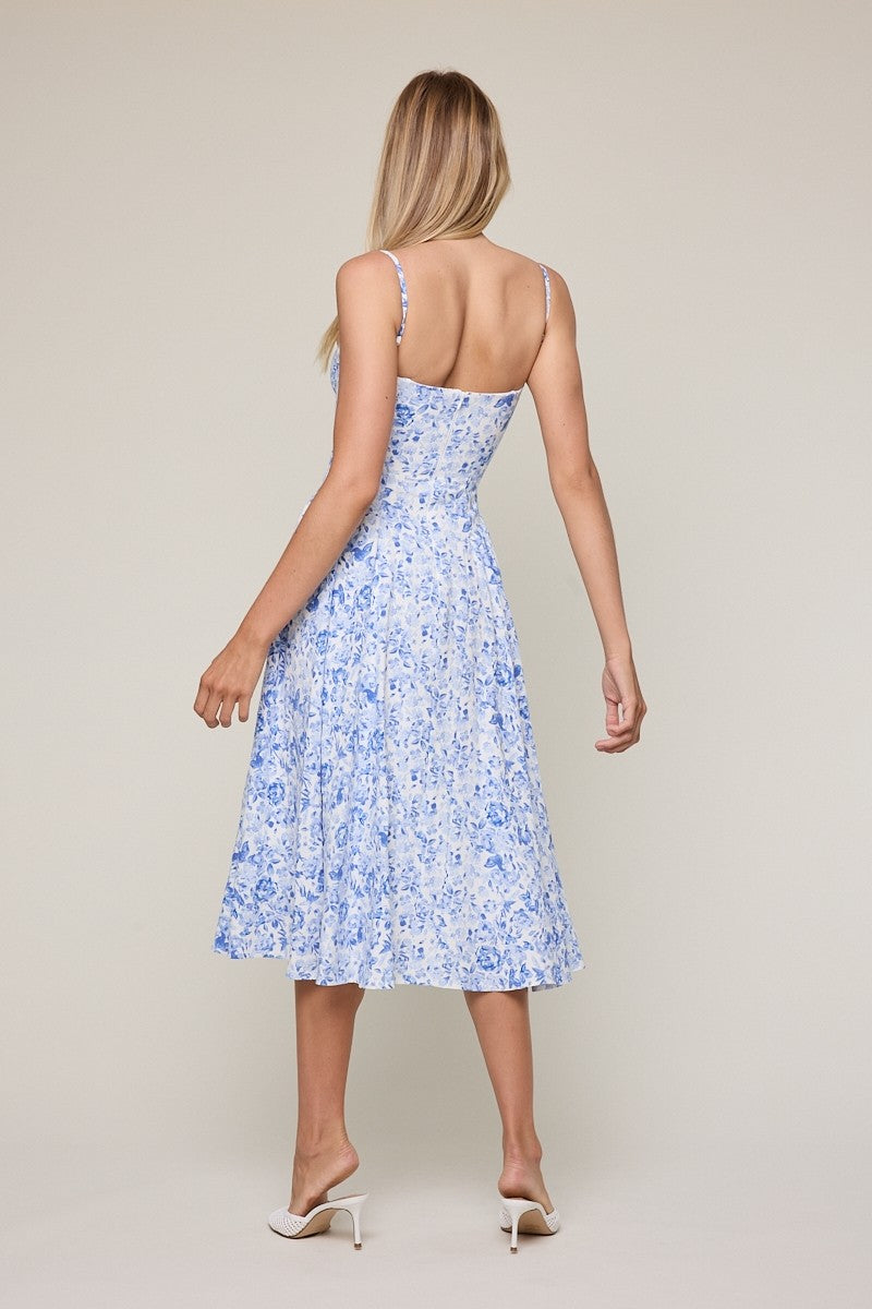 Elegant Summer Strap White Blue Floral Print V-Neck Corset Ruffle Midi Dress