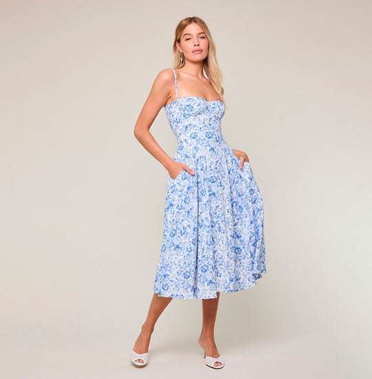 Elegant Summer Strap White Blue Floral Print V-Neck Corset Ruffle Midi Dress