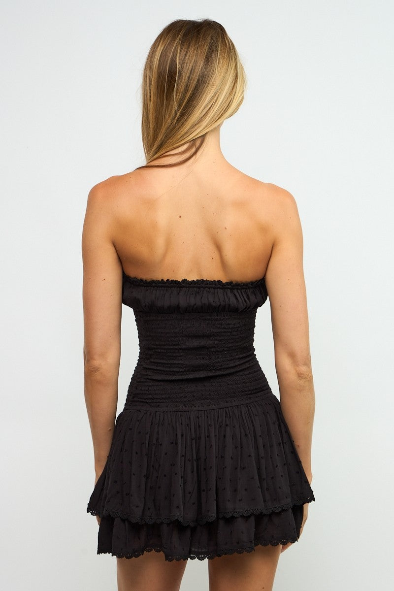 Fashion Summer Strapless Black Elastic Ruffle Layered Lace Detailed Textured Tube Mini Dress