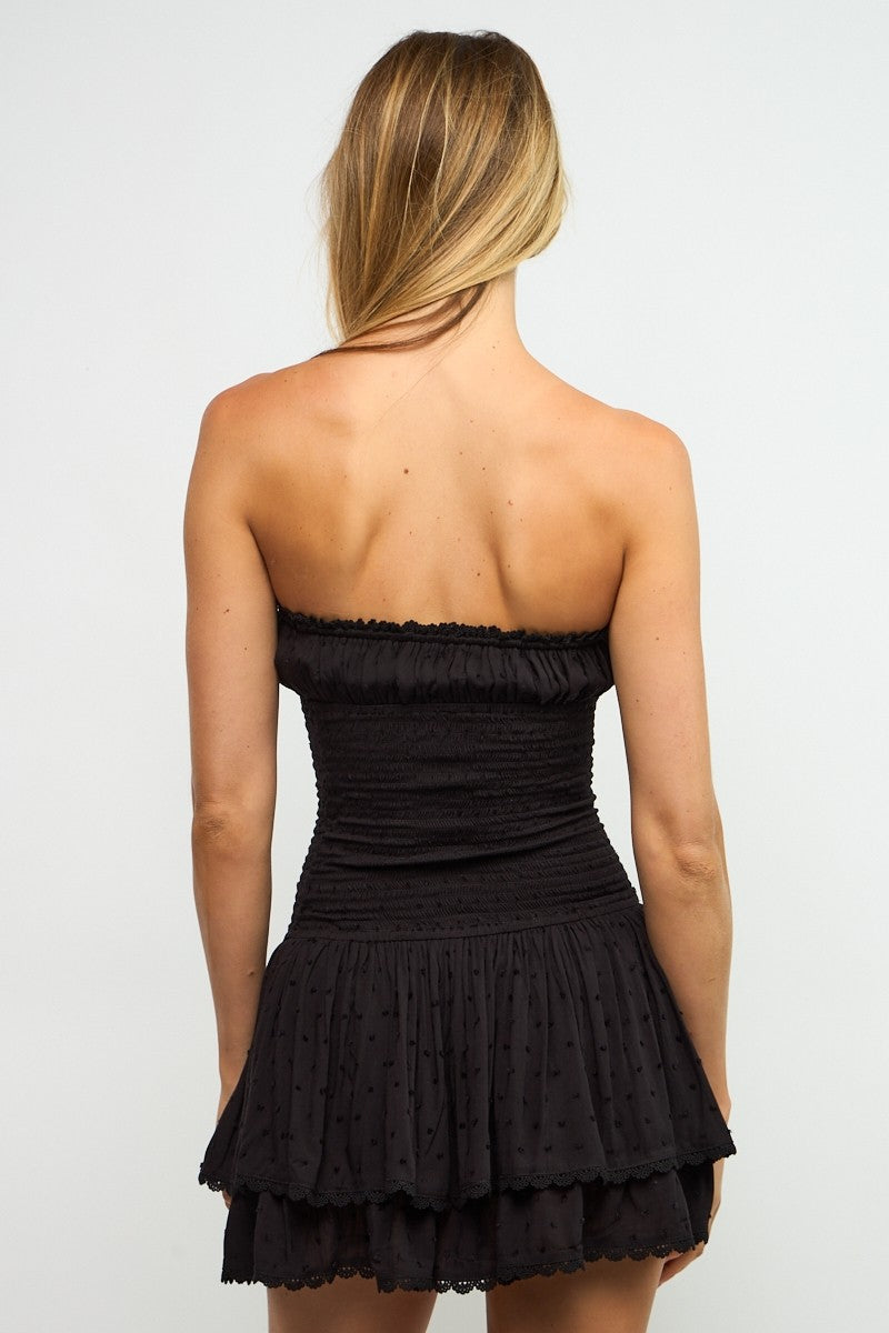 Fashion Summer Strapless Black Elastic Ruffle Layered Lace Detailed Textured Tube Mini Dress