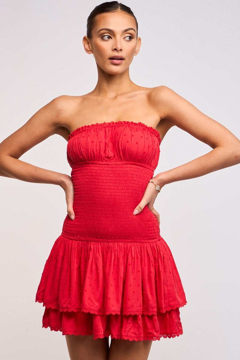Fashion Summer Strapless Red Elastic Ruffle Layered Lace Detailed Textured Tube Mini Dress