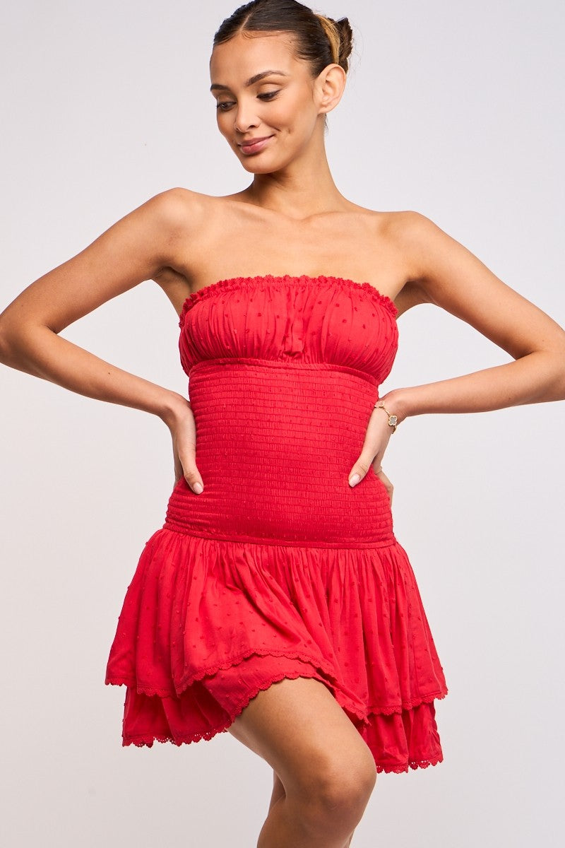 Fashion Summer Strapless Red Elastic Ruffle Layered Lace Detailed Textured Tube Mini Dress