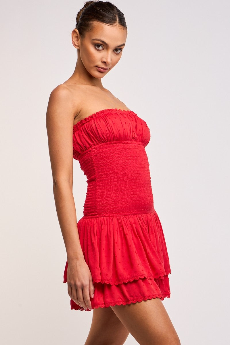 Fashion Summer Strapless Red Elastic Ruffle Layered Lace Detailed Textured Tube Mini Dress