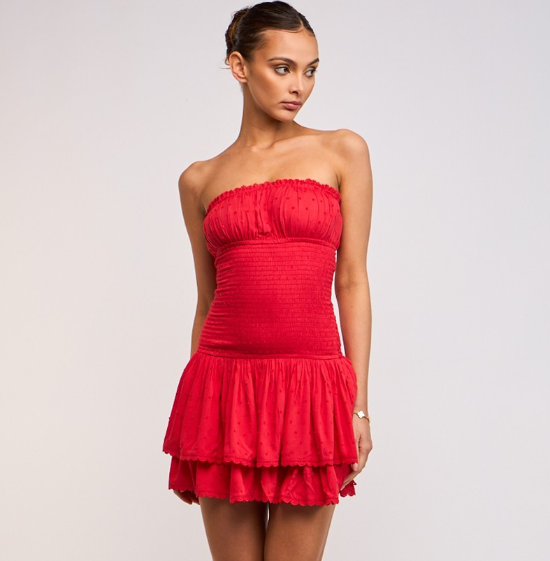 Fashion Summer Strapless Red Elastic Ruffle Layered Lace Detailed Textured Tube Mini Dress