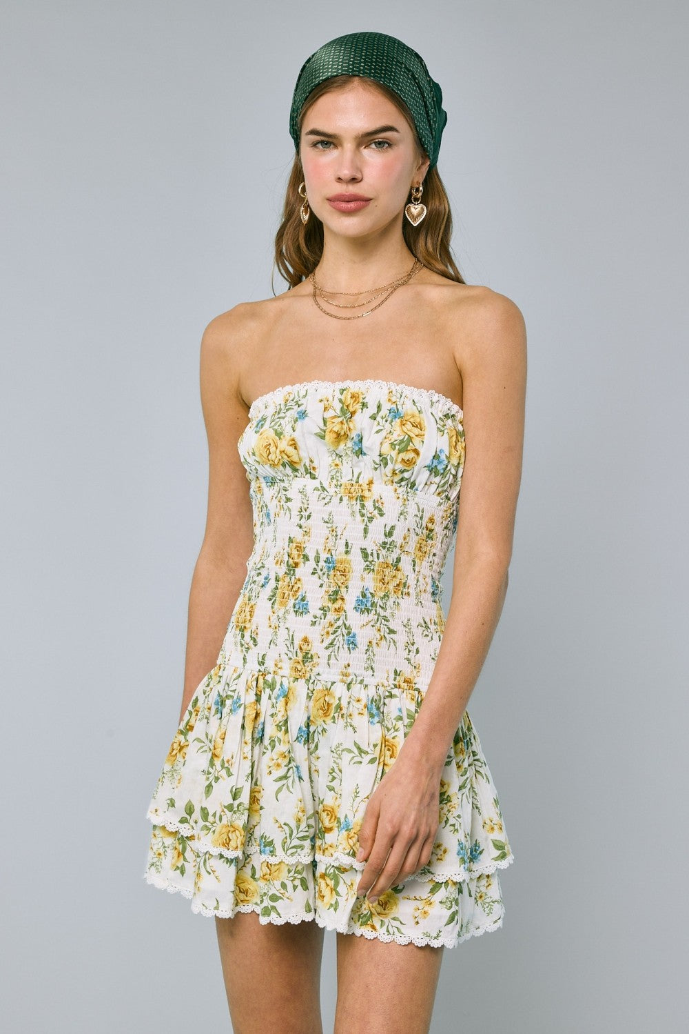 Fashion Summer Strapless Yellow Floral Print Elastic Ruffle Layered La EDITE MODE Fashion Summer Strapless Yellow Floral Print Elastic Ruffle Layered La EDITE MODE