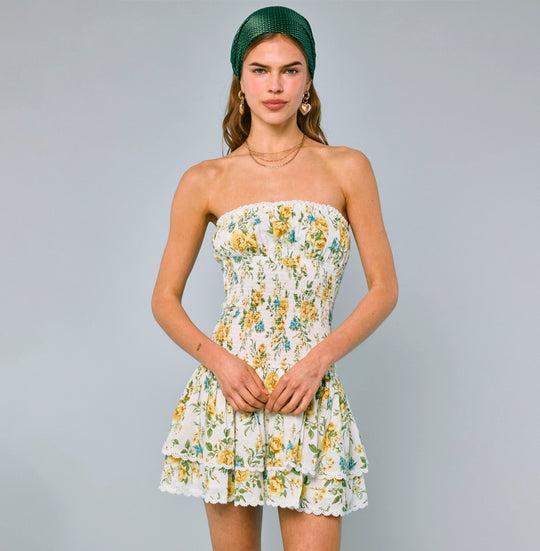 Fashion Summer Strapless Yellow Floral Print Elastic Ruffle Layered Lace Detailed Tube Mini Dress