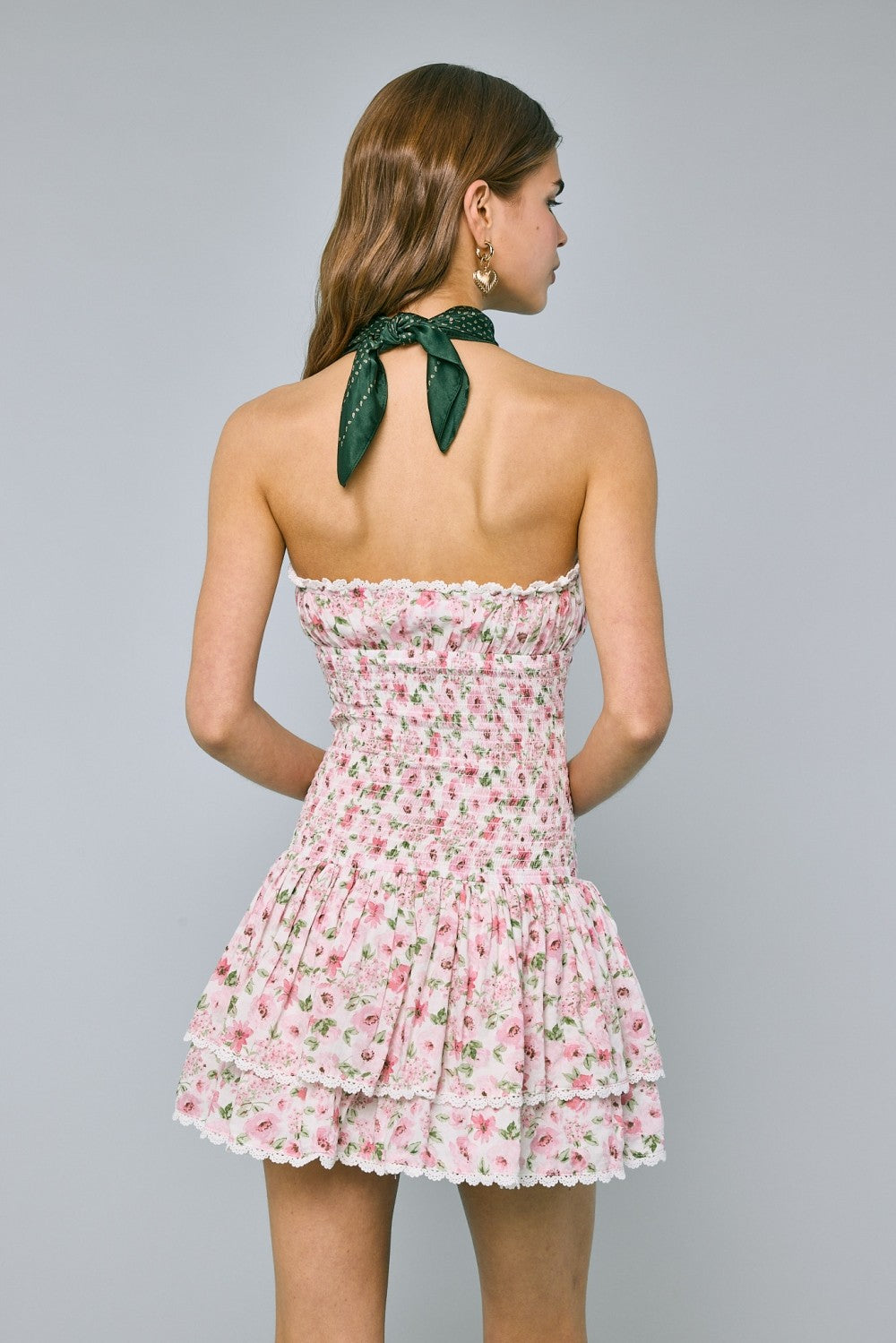Fashion Summer Strapless Pink Floral Print Elastic Ruffle Layered Lace Detailed Tube Mini Dress