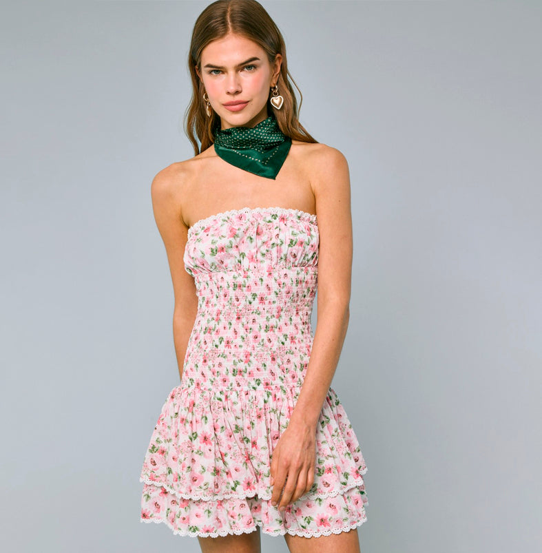 Fashion Summer Strapless Pink Floral Print Elastic Ruffle Layered Lace Detailed Tube Mini Dress