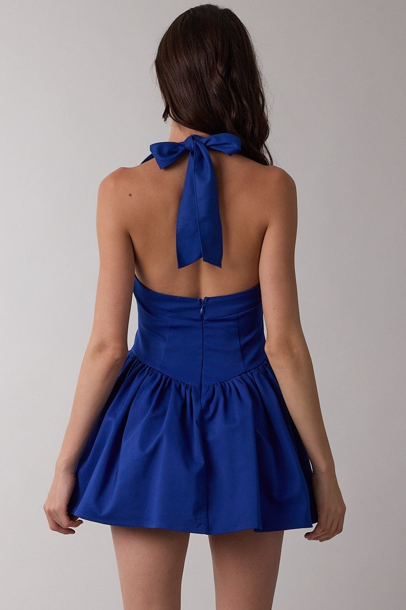 Elegant Halter Navy Ruffle Corset Mini Dress