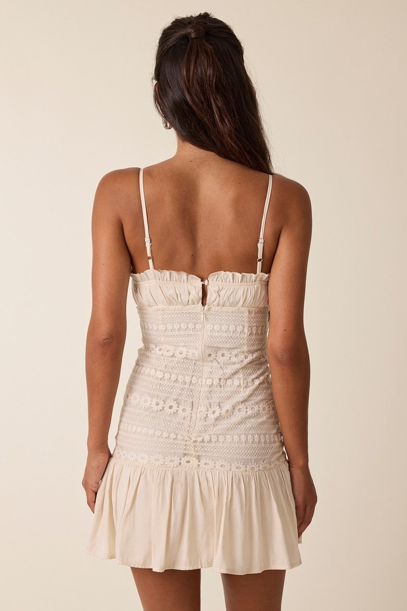 Fashion Strap Cream Floral Lace Detailed Front Tie-Up Ruffle Layered Mini Dress