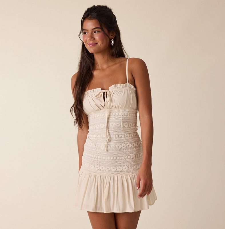 Fashion Strap Cream Floral Lace Detailed Front Tie-Up Ruffle Layered Mini Dress