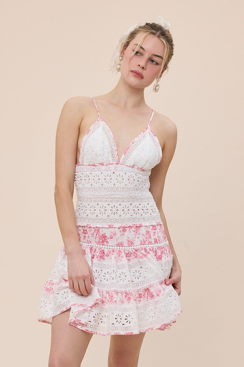 Elegant Summer Strap White Floral Lace Detailed Red Floral Print V-Neck Open Back Ruffle Mini Dress