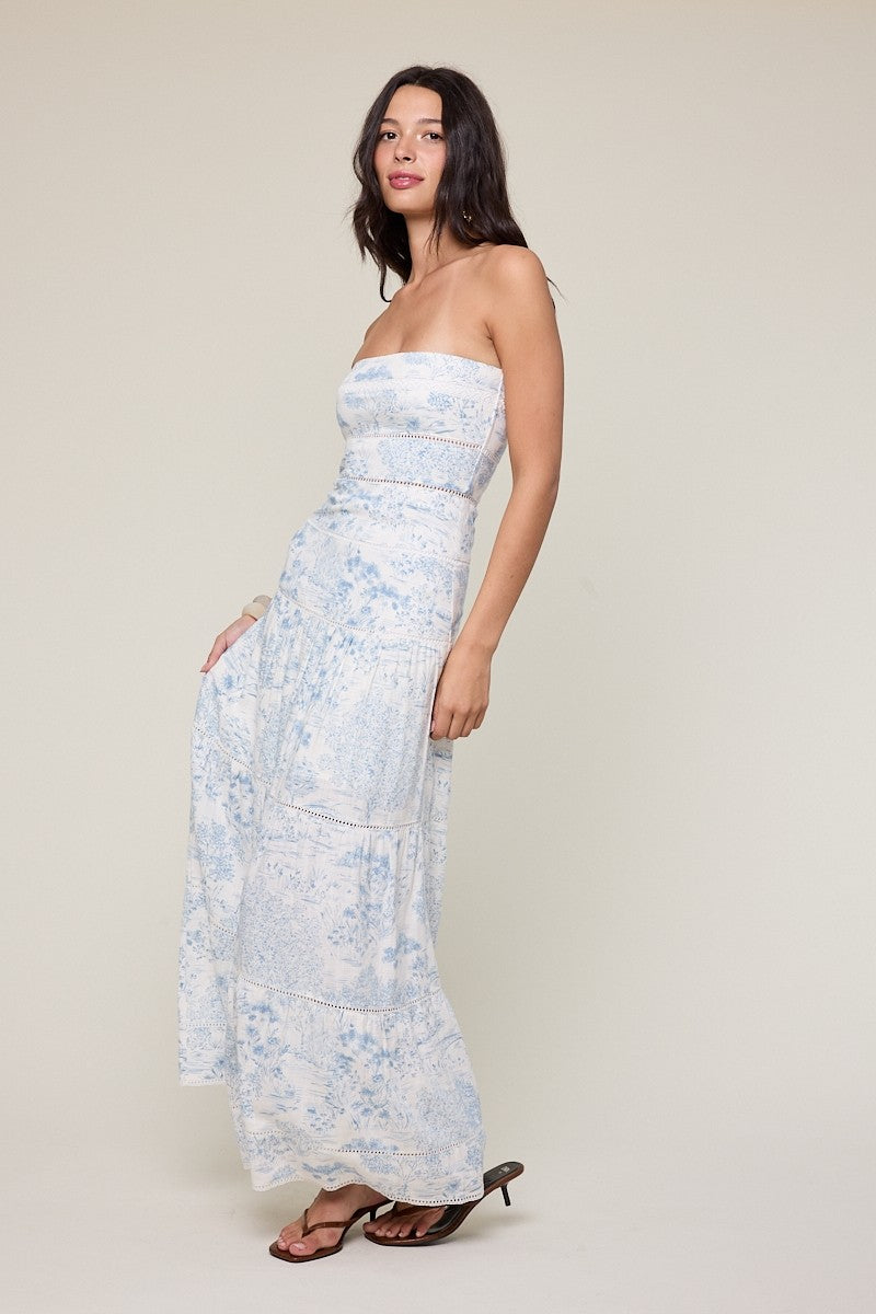 Elegant Summer Strapless White Blue Print Tiered Lace Detailed Ruffle Tube Maxi Dress