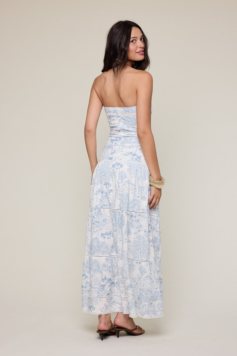 Elegant Summer Strapless White Blue Print Tiered Lace Detailed Ruffle Tube Maxi Dress