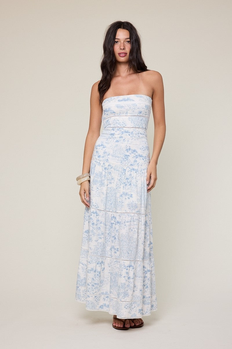 Elegant Summer Strapless White Blue Print Tiered Lace Detailed Ruffle Tube Maxi Dress
