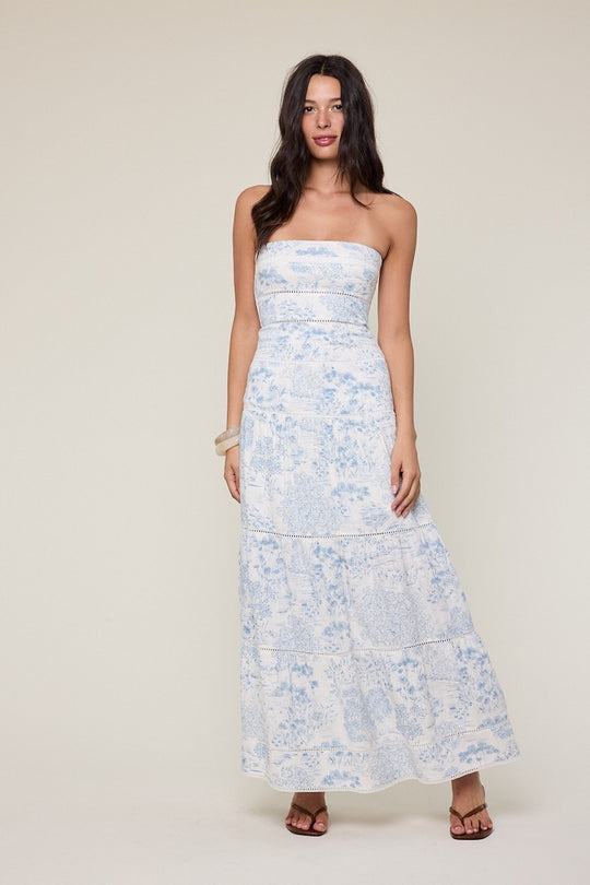 Elegant Summer Strapless White Blue Print Tiered Lace Detailed Ruffle Tube Maxi Dress