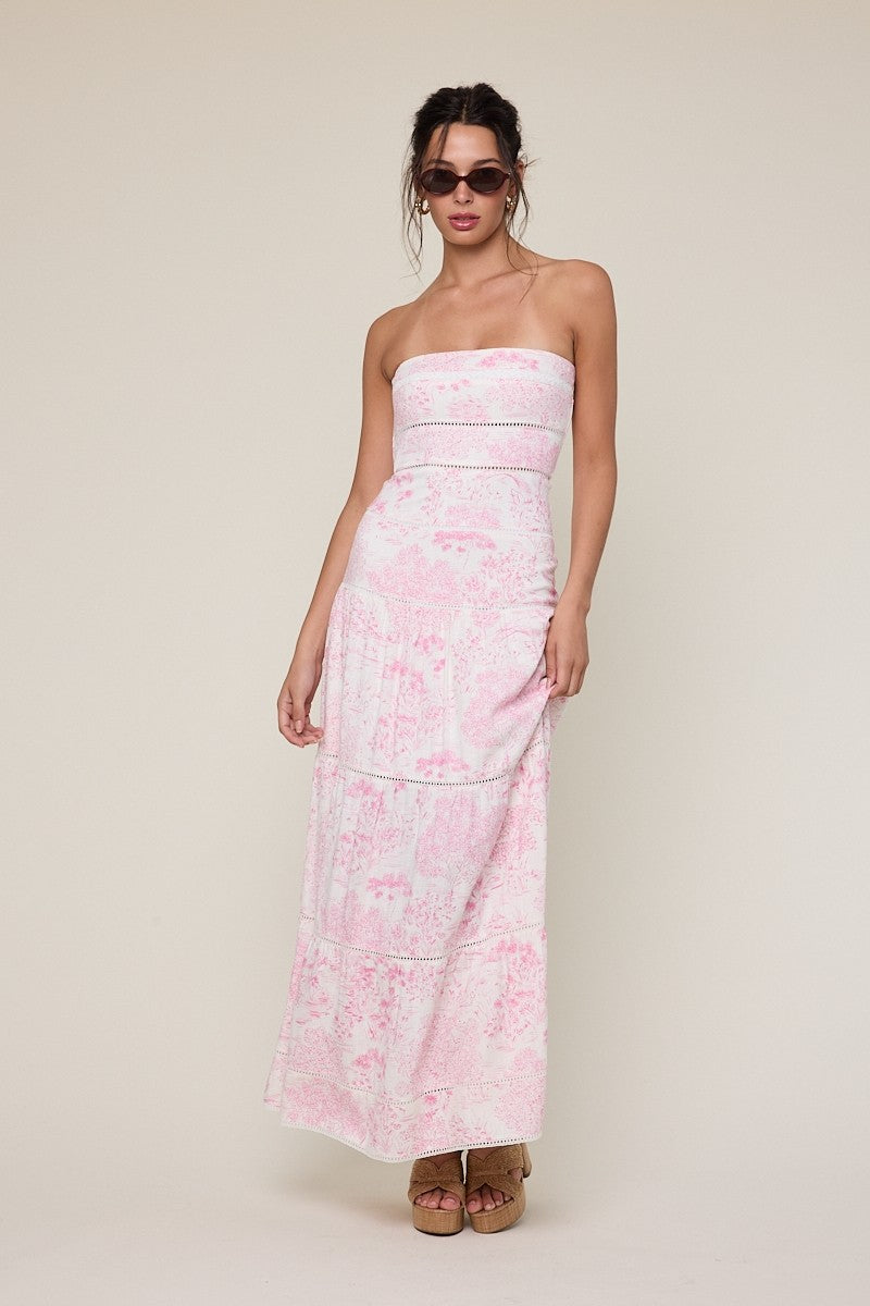 Elegant Summer Strapless White Pink Print Tiered Lace Detailed Ruffle Tube Maxi Dress