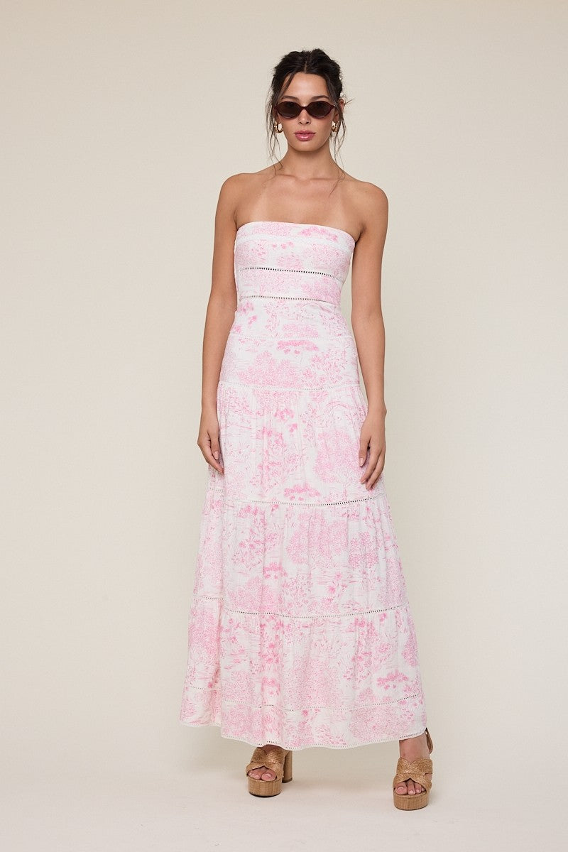 Elegant Summer Strapless White Pink Print Tiered Lace Detailed Ruffle Tube Maxi Dress
