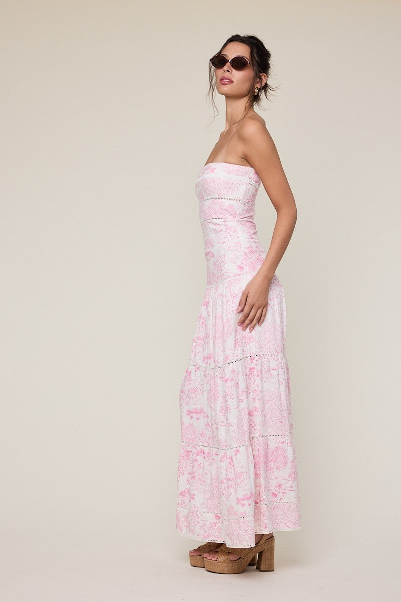 Elegant Summer Strapless White Pink Print Tiered Lace Detailed Ruffle Tube Maxi Dress