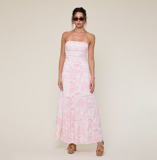 Elegant Summer Strapless White Pink Print Tiered Lace Detailed Ruffle Tube Maxi Dress