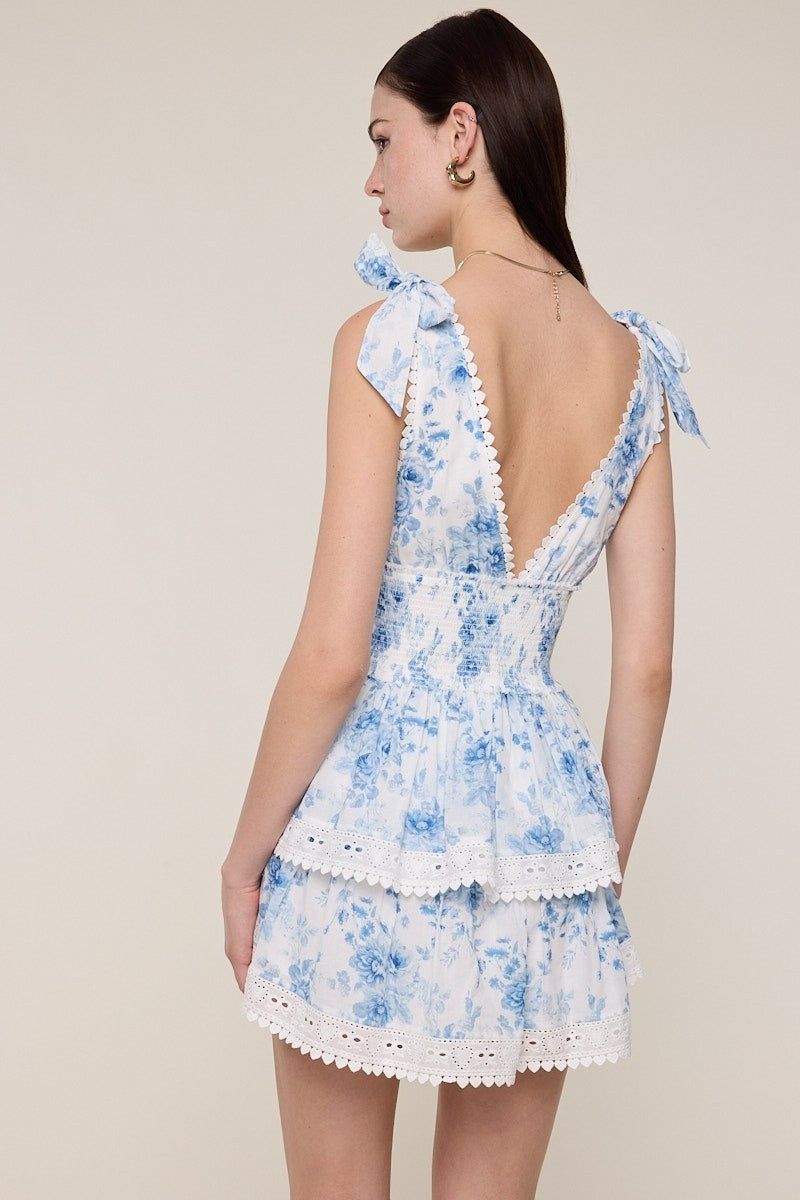 Fashion Summer Strap Tie-Up White Blue Floral Print V-Neck Ruffle Layered Lace Detailed Mini Dress