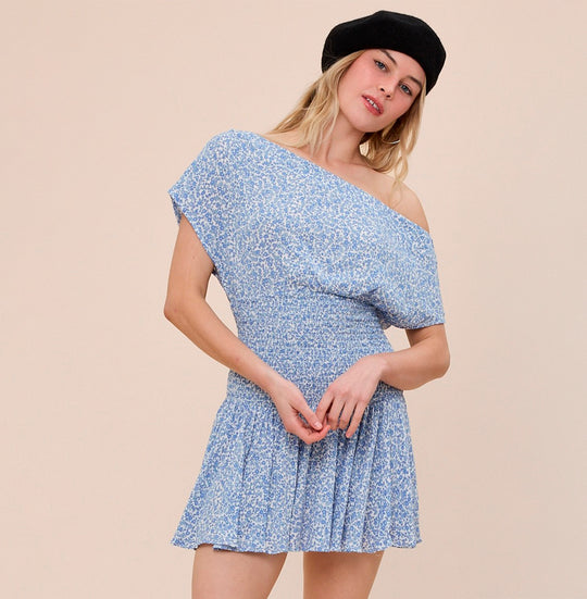 Fashion Summer Blue Floral Print One Shoulder Ruffle Elastic Mini Dress