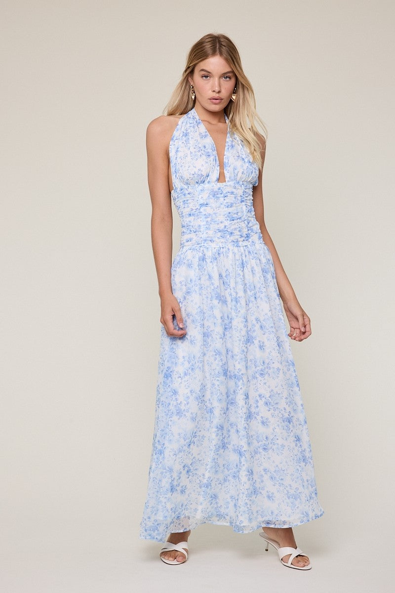 Elegant Halter Blue Floral Print V-Neck Boning Detailed Ruffle Maxi Dress