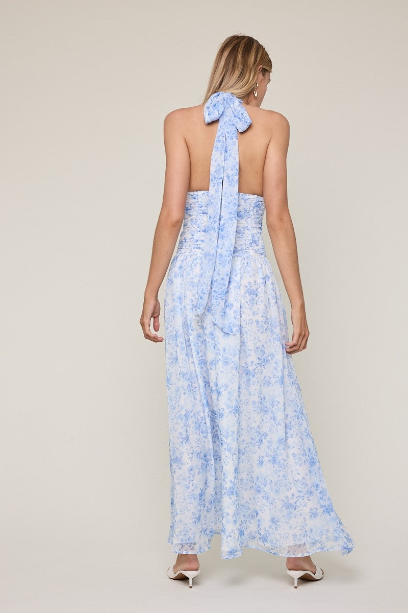 Elegant Halter Blue Floral Print V-Neck Boning Detailed Ruffle Maxi Dress