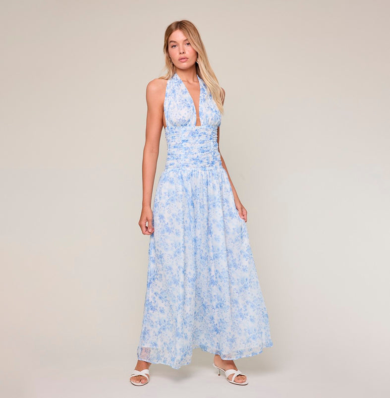 Elegant Halter Blue Floral Print V-Neck Boning Detailed Ruffle Maxi Dress