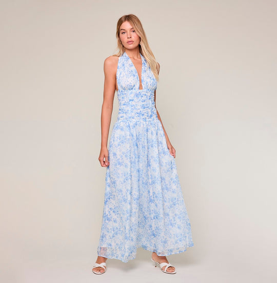 Elegant Halter Blue Floral Print V-Neck Boning Detailed Ruffle Maxi Dress