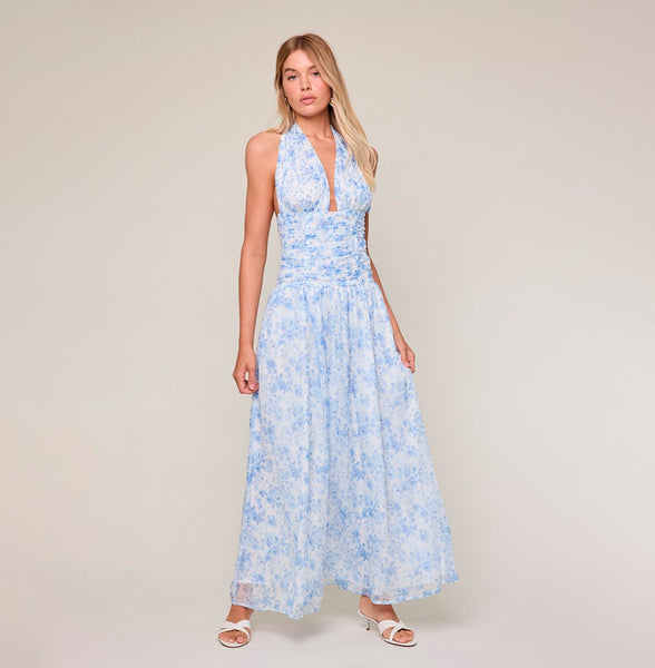 Elegant Halter Blue Floral Print V-Neck Boning Detailed Ruffle Maxi Dress L / Blue Elegant Halter Blue Floral Print V-Neck Boning Detailed Ruffle Maxi Dress L / Blue