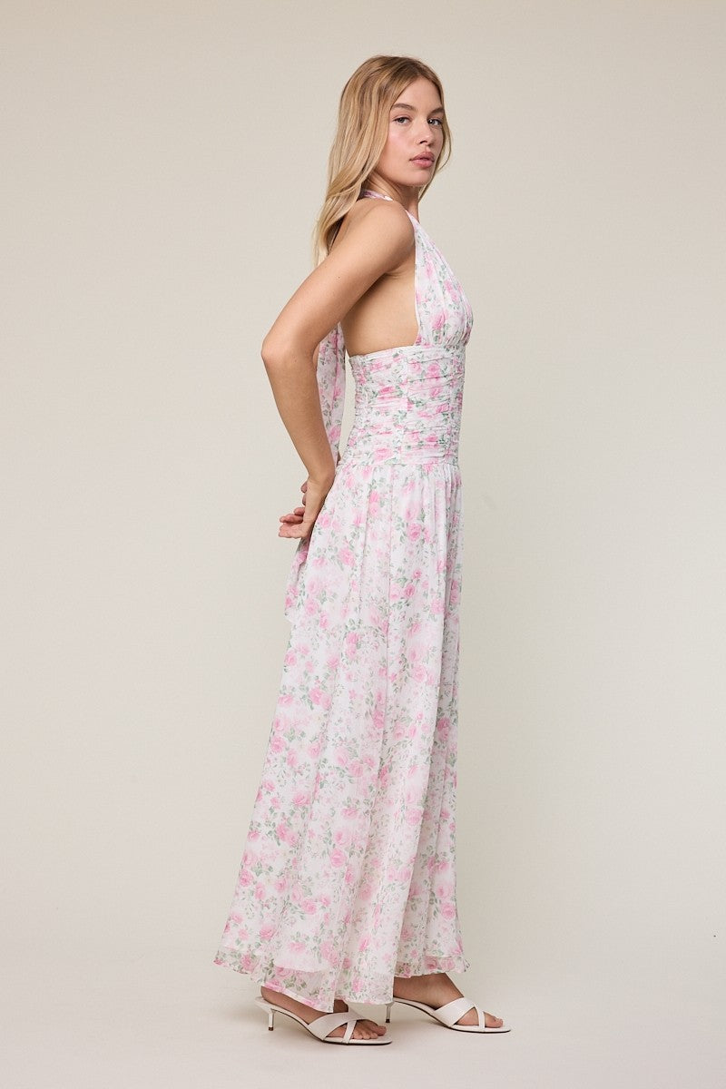 Elegant Halter Pink Floral Print V-Neck Boning Detailed Ruffle Maxi Dress