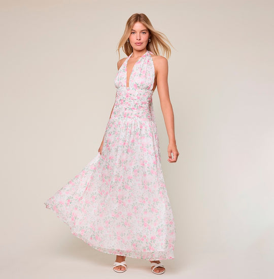 Elegant Halter Pink Floral Print V-Neck Boning Detailed Ruffle Maxi Dress