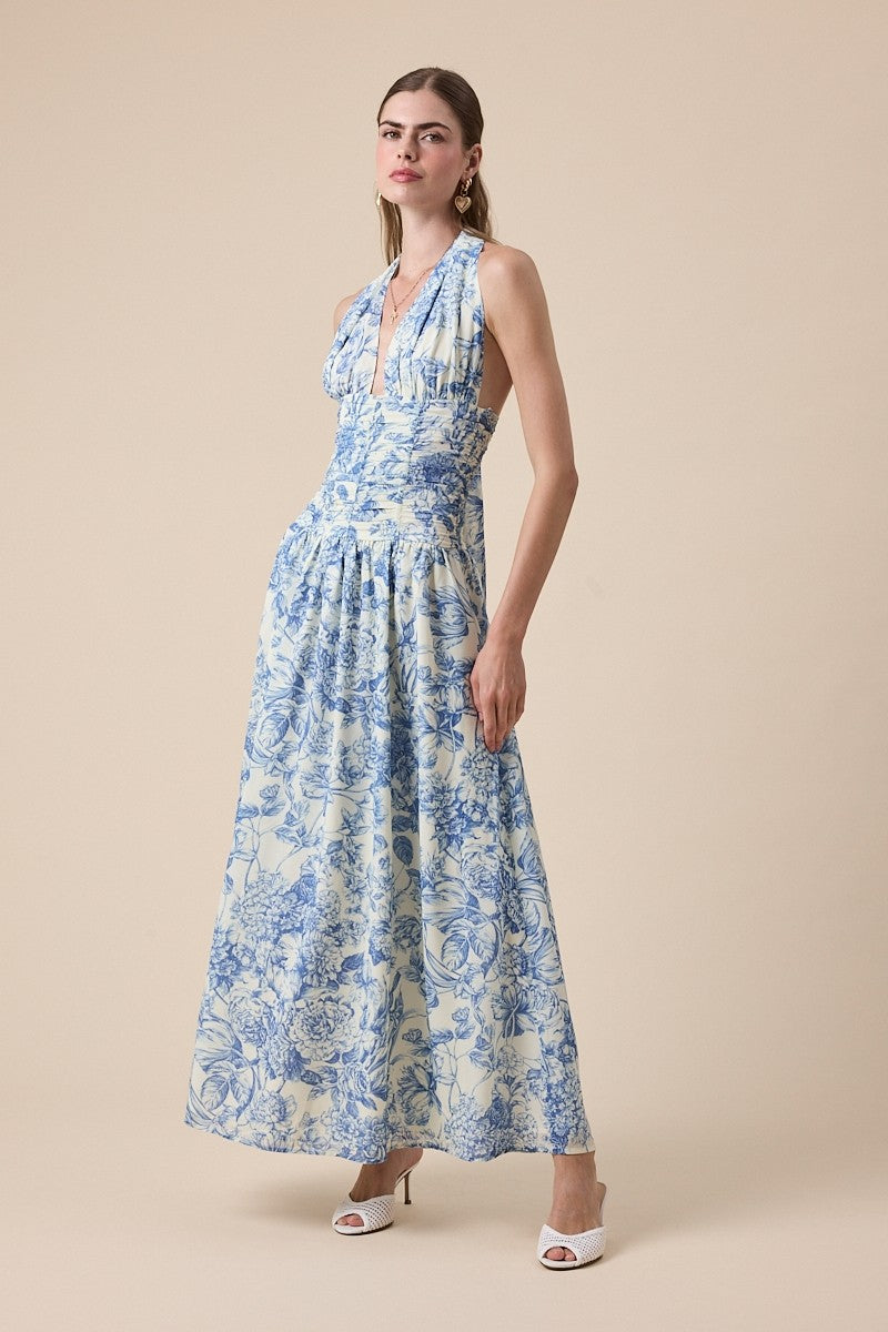 Elegant Summer Vintage Halter Blue Floral Print V-Neck Boning Detailed Ruffle Maxi Dress
