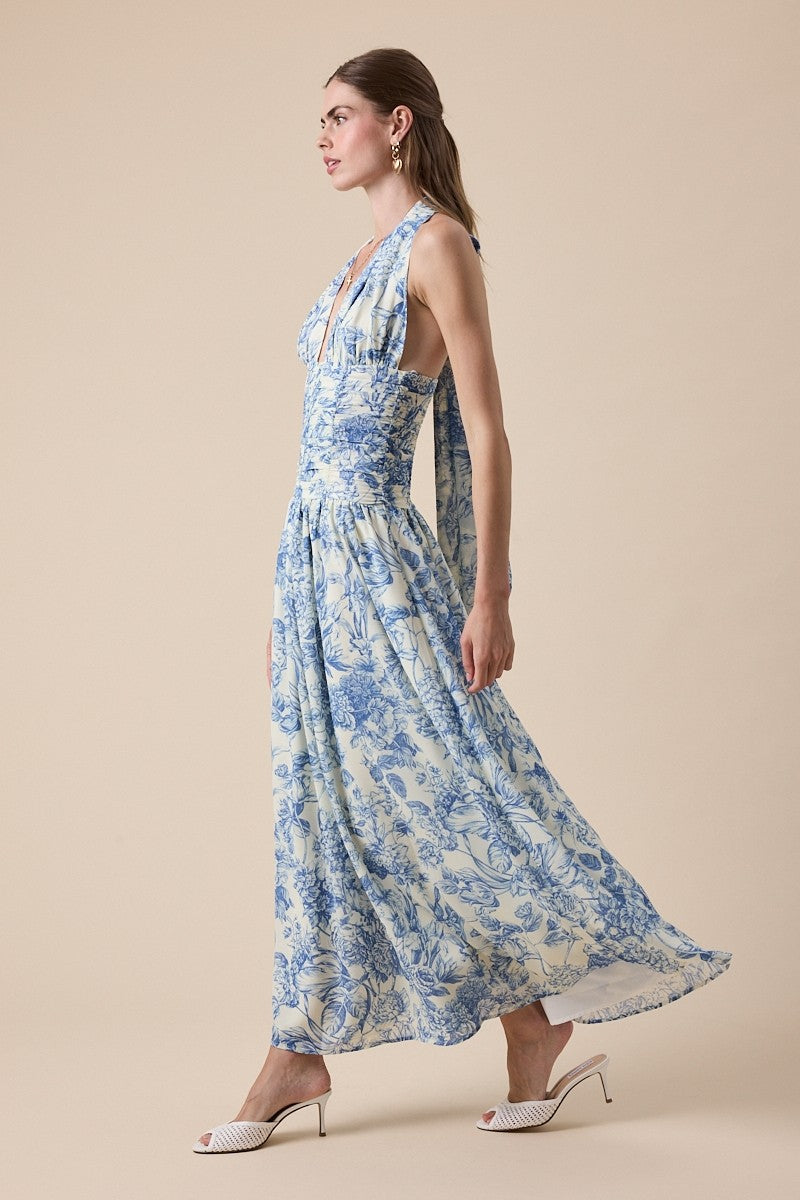 Elegant Summer Vintage Halter Blue Floral Print V-Neck Boning Detailed Ruffle Maxi Dress
