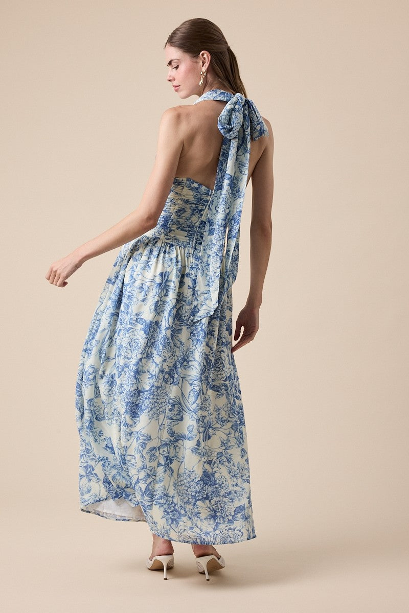 Elegant Summer Vintage Halter Blue Floral Print V-Neck Boning Detailed Ruffle Maxi Dress