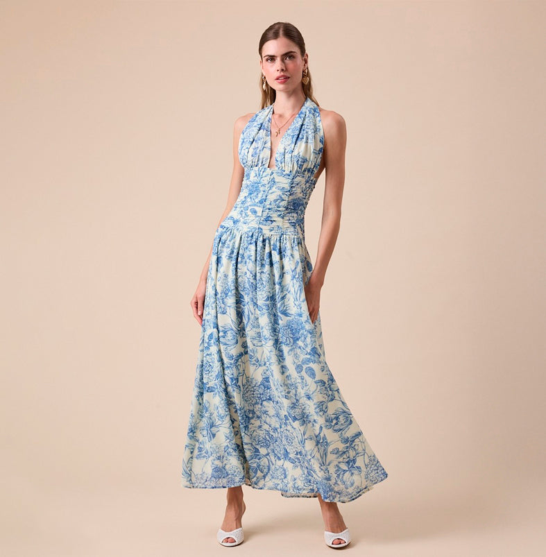Elegant Summer Vintage Halter Blue Floral Print V-Neck Boning Detailed Ruffle Maxi Dress