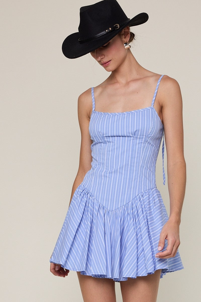 Fashion Strap Tie-Up Blue Striped Print Ruffle Corset Layered Mini Dress
