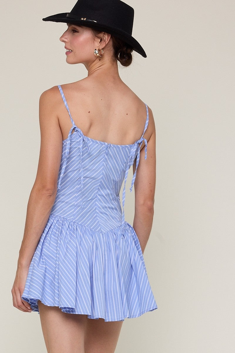 Fashion Strap Tie-Up Blue Striped Print Ruffle Corset Layered Mini Dress