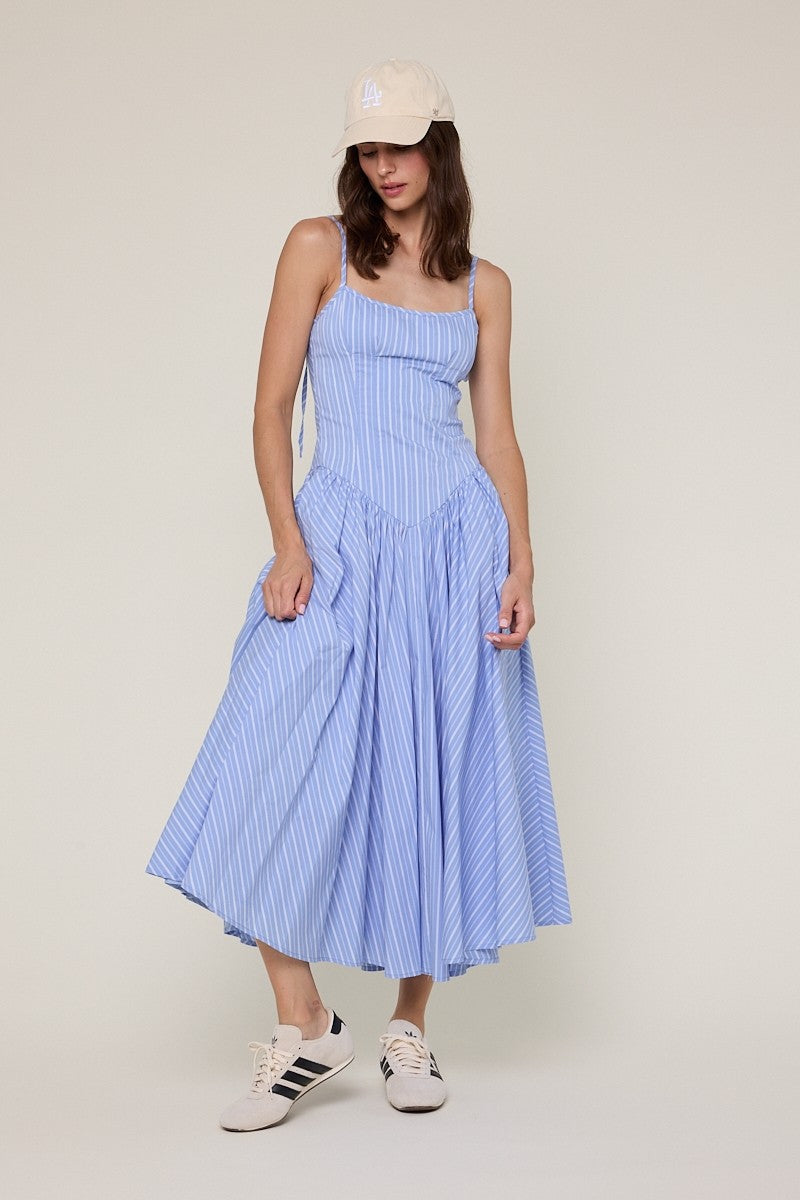 Fashion Strap Tie-Up Blue Striped Print Ruffle Corset Layered Midi Dress