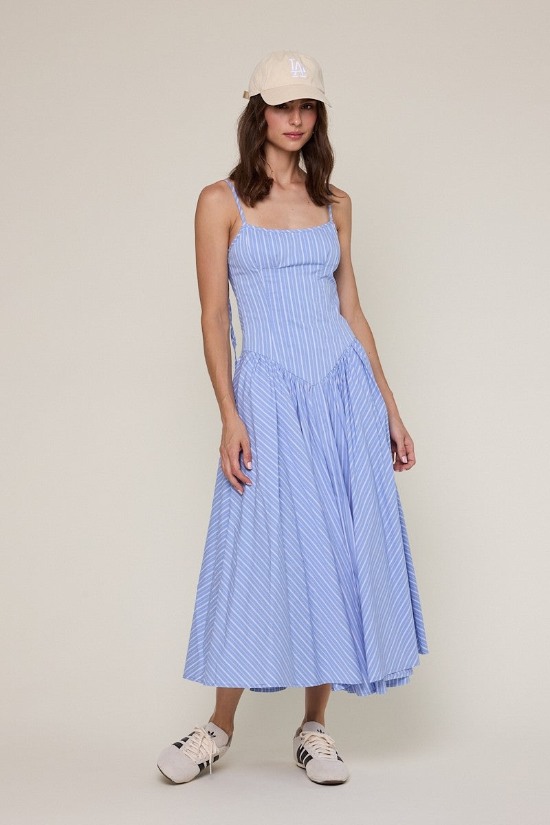 Fashion Strap Tie-Up Blue Striped Print Ruffle Corset Layered Midi Dress Fashion Strap Tie-Up Blue Striped Print Ruffle Corset Layered Midi Dress