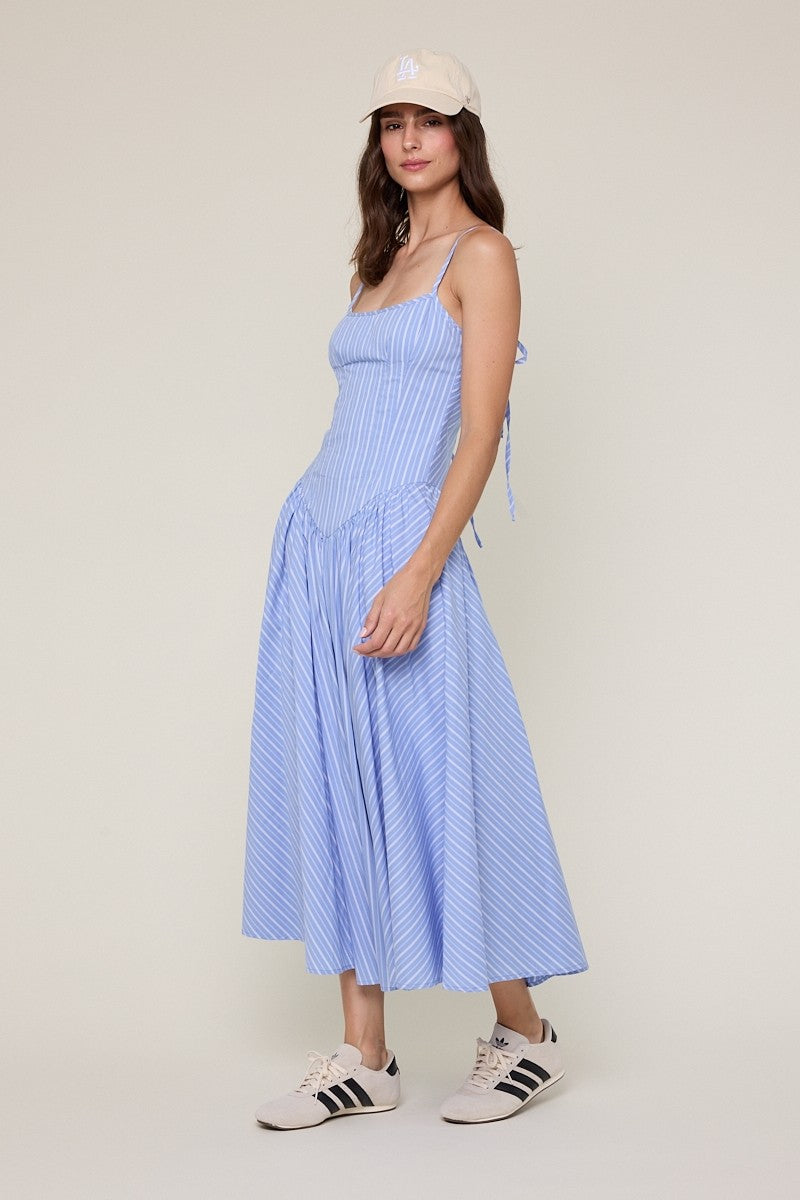 Fashion Strap Tie-Up Blue Striped Print Ruffle Corset Layered Midi Dress