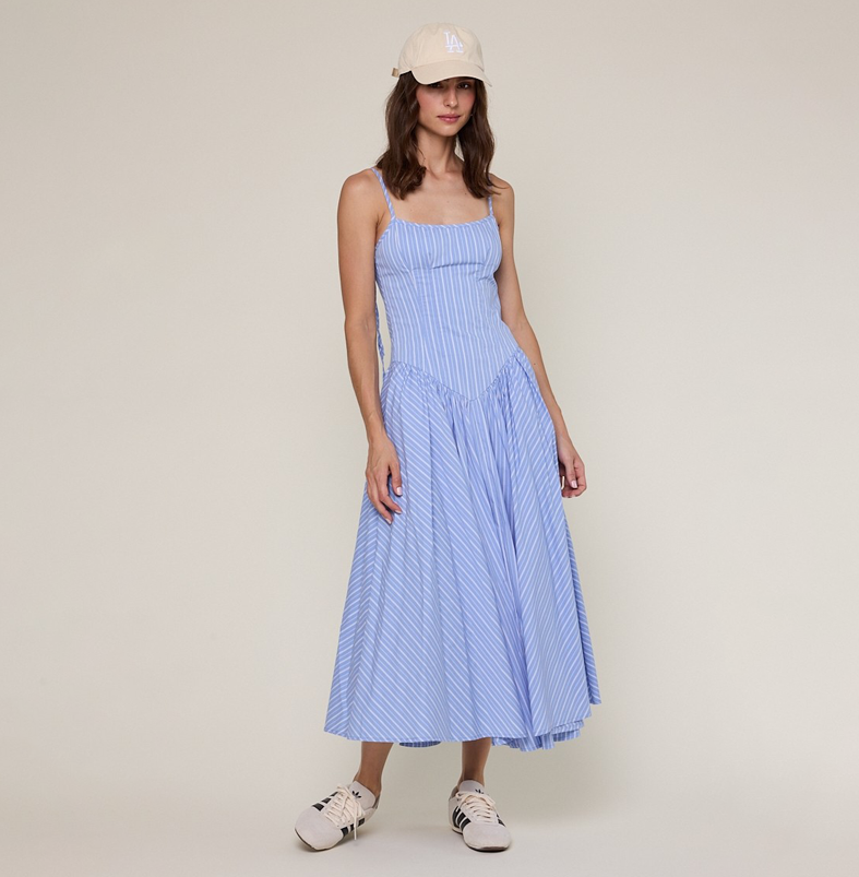 Fashion Strap Tie-Up Blue Striped Print Ruffle Corset Layered Midi Dress