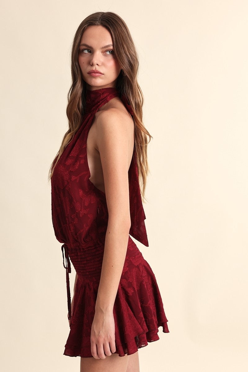 Fashion Halter Wine Floral Embroidery Detailed Tie-Up Open Back Ruffle Mini Dress