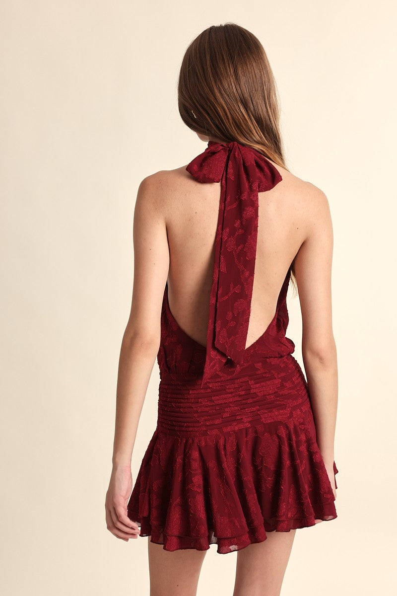 Fashion Halter Wine Floral Embroidery Detailed Tie-Up Open Back Ruffle Mini Dress