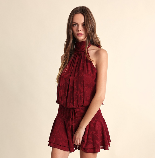 Fashion Halter Wine Floral Embroidery Detailed Tie-Up Open Back Ruffle Mini Dress