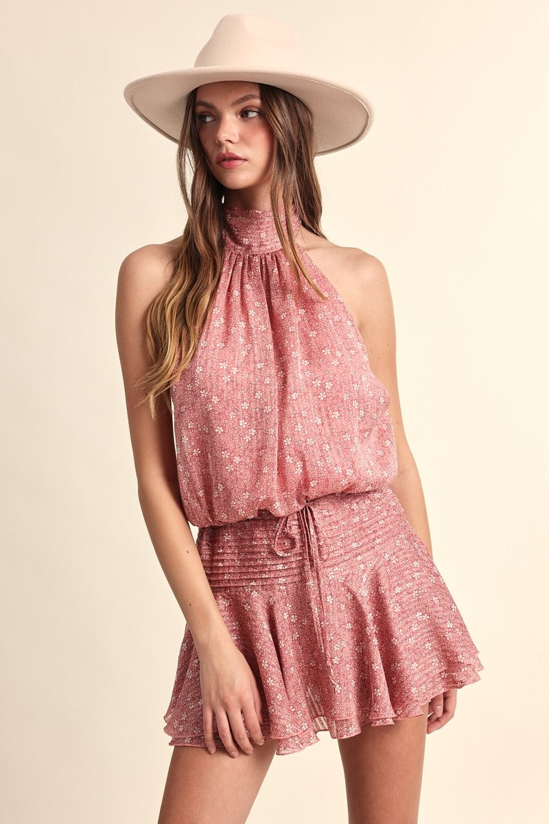 Fashion Halter Pink Floral Print Tie-Up Open Back Ruffle Mini Dress