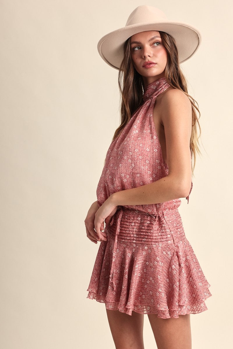 Fashion Halter Pink Floral Print Tie-Up Open Back Ruffle Mini Dress